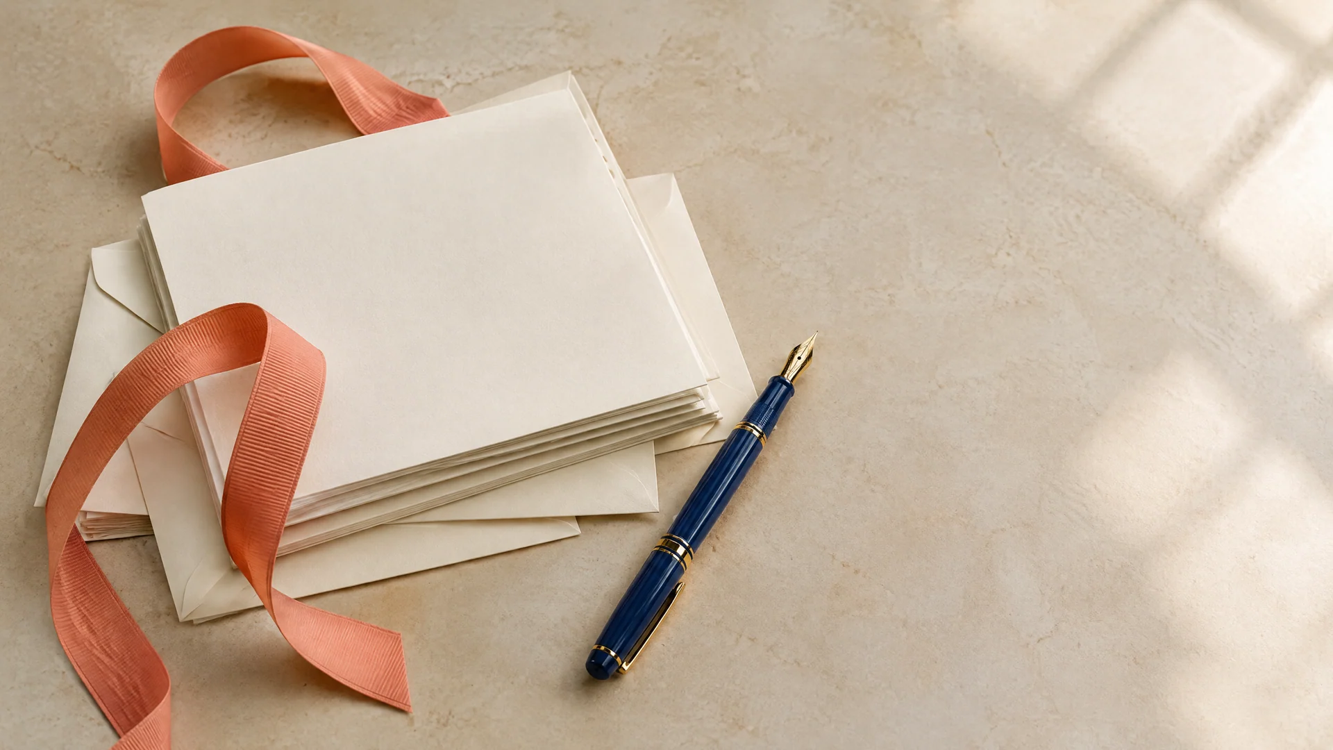 Cream stationery, envelopes, a coral ribbon and an indigo fountain pen on a stone desk
