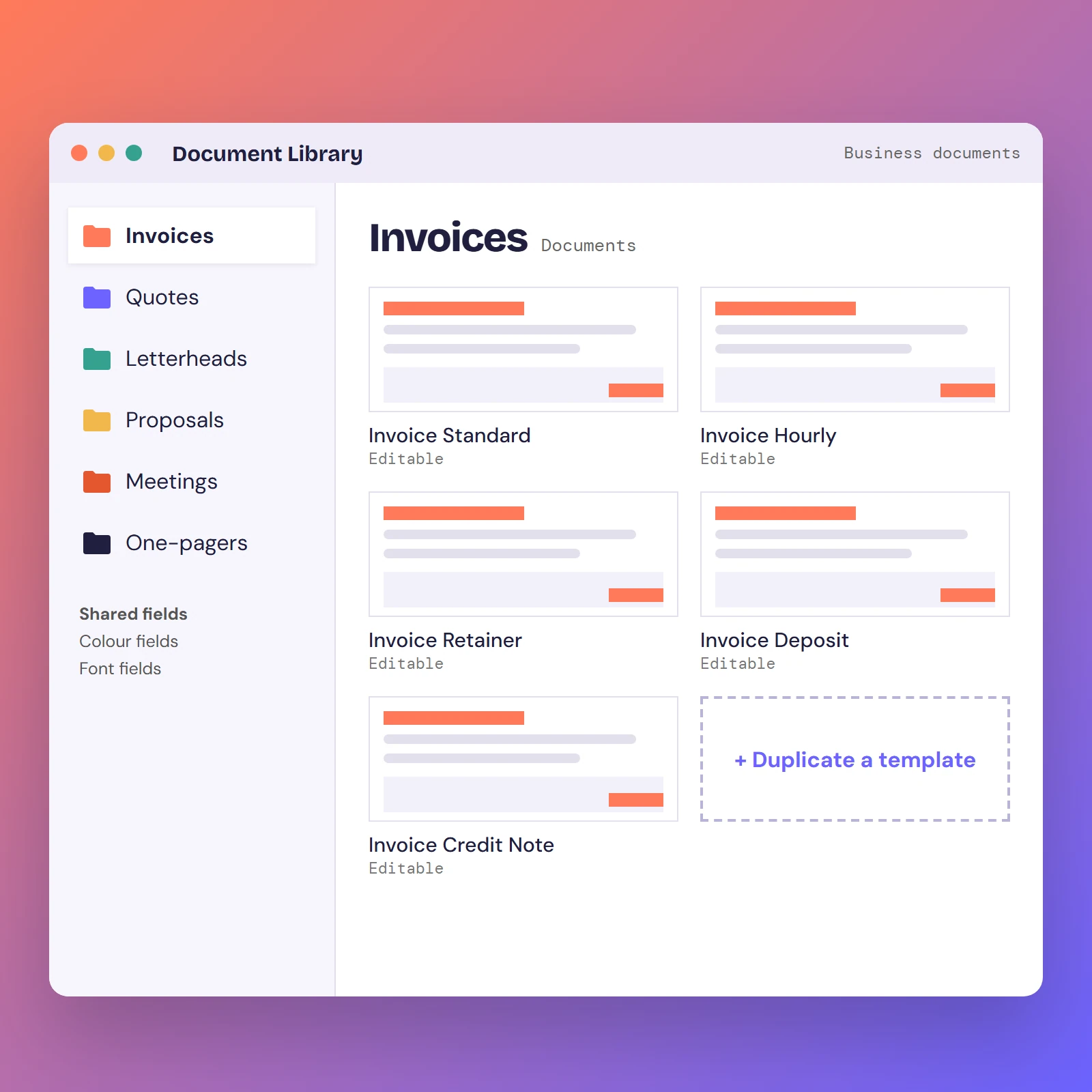 File browser showing folders of business document templates
