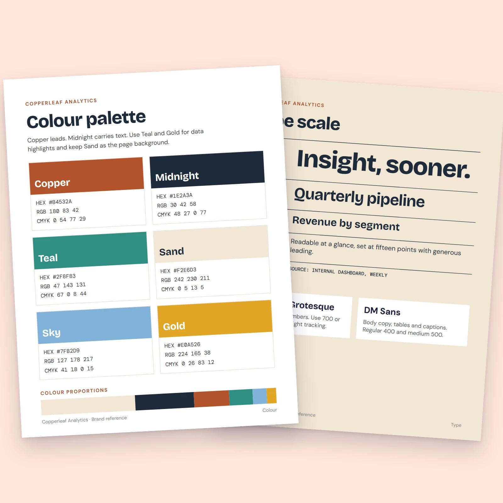 Colour and type cheat sheet with colour swatches, value fields and a type scale for a fictional analytics company