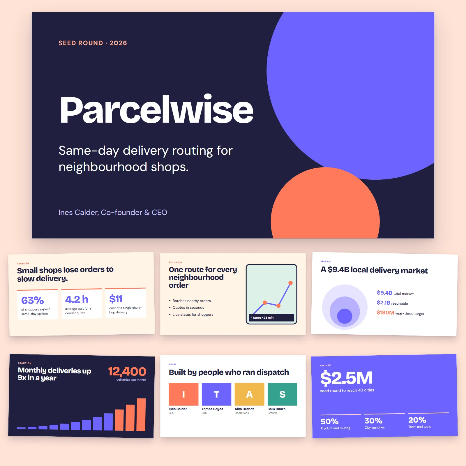 Pitch deck title slide and supporting slides for a fictional logistics start-up