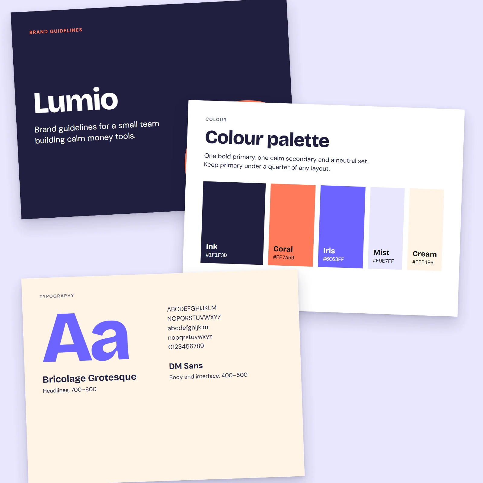 Three brand guideline pages for a fictional company: cover, colour palette and typography