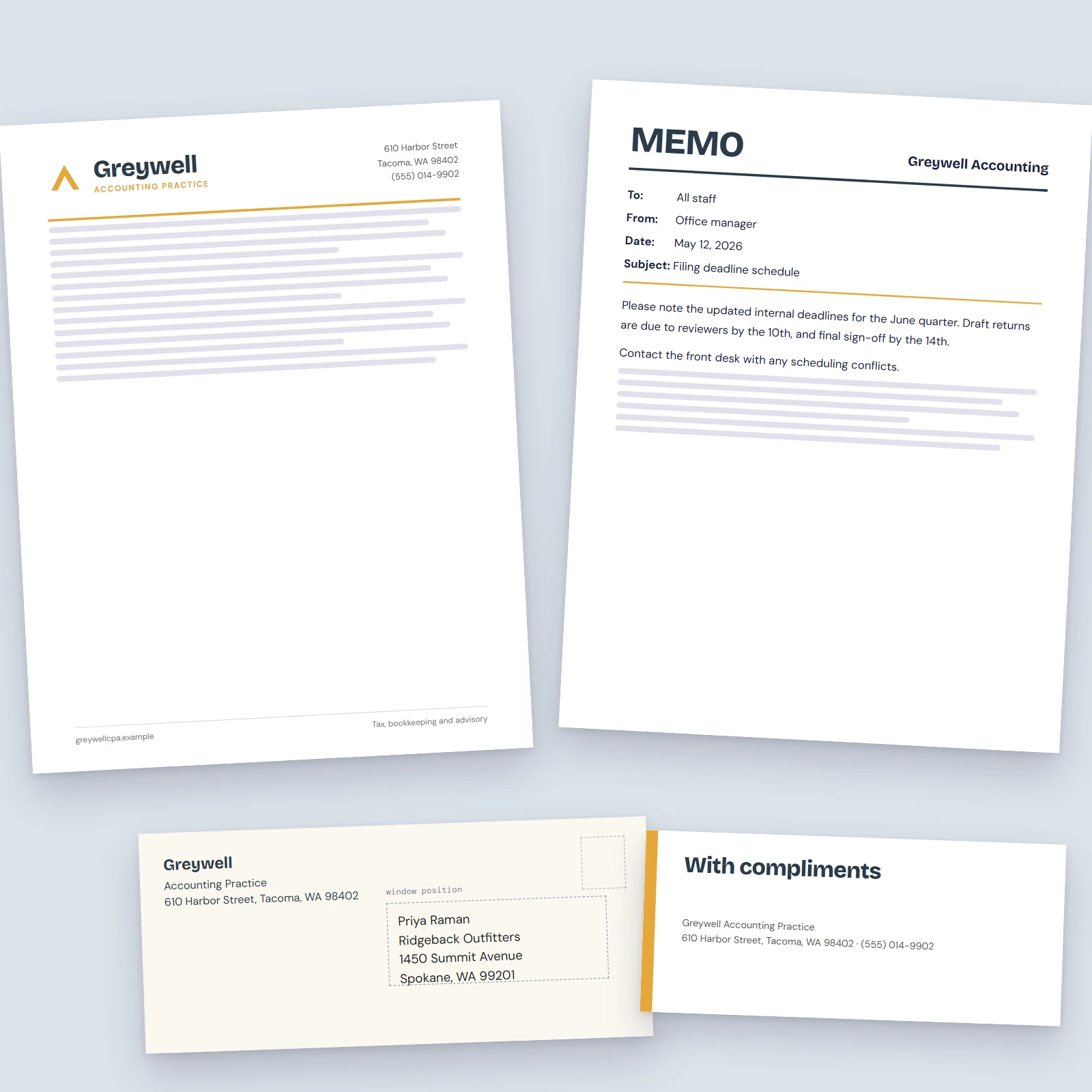 Overhead view of an envelope, memo, letterhead and compliment slip for a fictional accounting practice